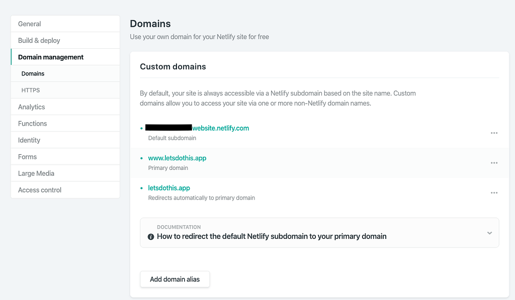 Netlify domain management showing a primary custom domain and its redirect