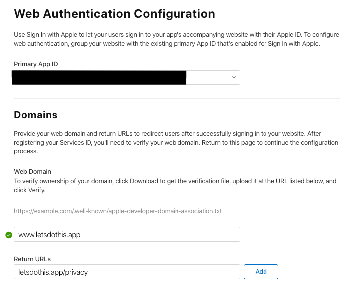 Apple Sign in with Apple web authentication configuration with a verified domain