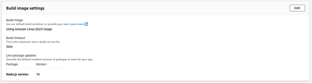 AWS Amplify build settings showing Amazon Linux 2023 image and Node.js 18