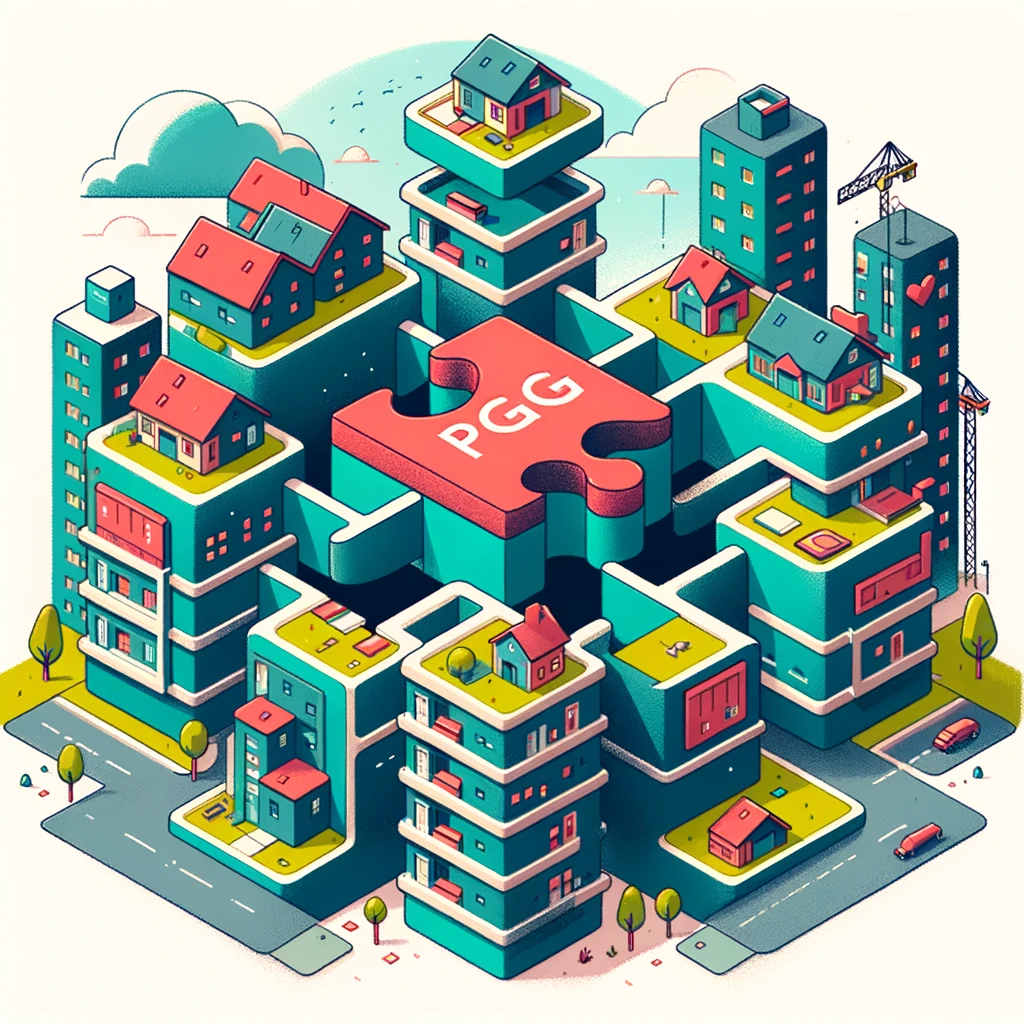Illustration of apartment buildings around a large puzzle piece labeled PGG